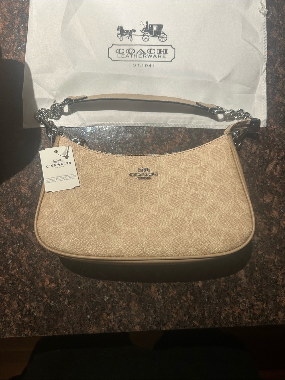 Coach Beige Signature Canvas Shoulder Bag with Silver Chain Strap